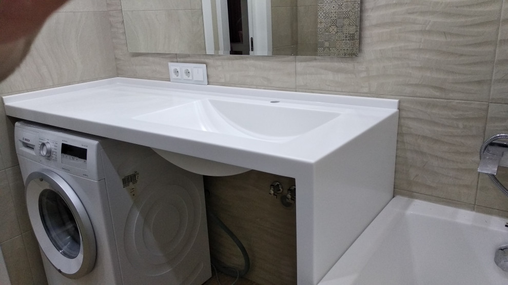 Design ideas for a small contemporary ensuite bathroom in Moscow with grey tiles, stone tiles, grey walls, a submerged sink, solid surface worktops, white worktops, a single sink and a freestanding vanity unit.