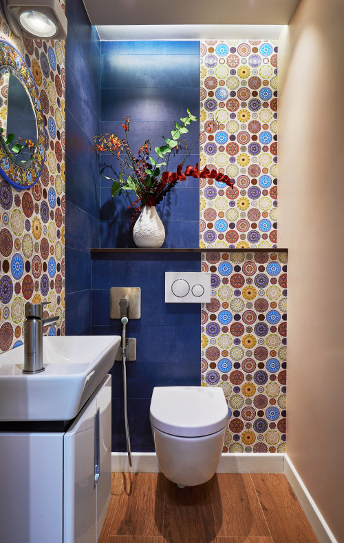 Contemporary Flair: Contemporary Powder Room with Multicolored Wallpaper