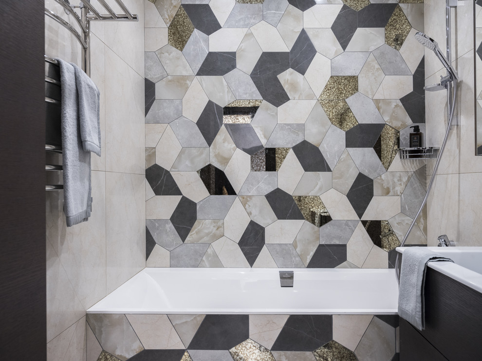 Bathroom - small contemporary master black and white tile and marble tile marble floor, black floor and single-sink bathroom idea in Moscow with flat-panel cabinets, dark wood cabinets, a wall-mount toilet, beige walls, a wall-mount sink, white countertops and a floating vanity