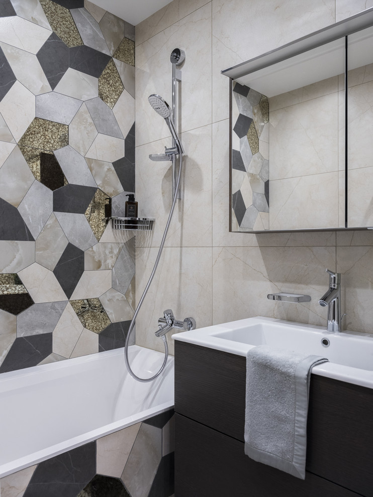 Inspiration for a small contemporary master black and white tile and marble tile marble floor, black floor and single-sink bathroom remodel in Moscow with flat-panel cabinets, dark wood cabinets, a wall-mount toilet, beige walls, a wall-mount sink, white countertops and a floating vanity