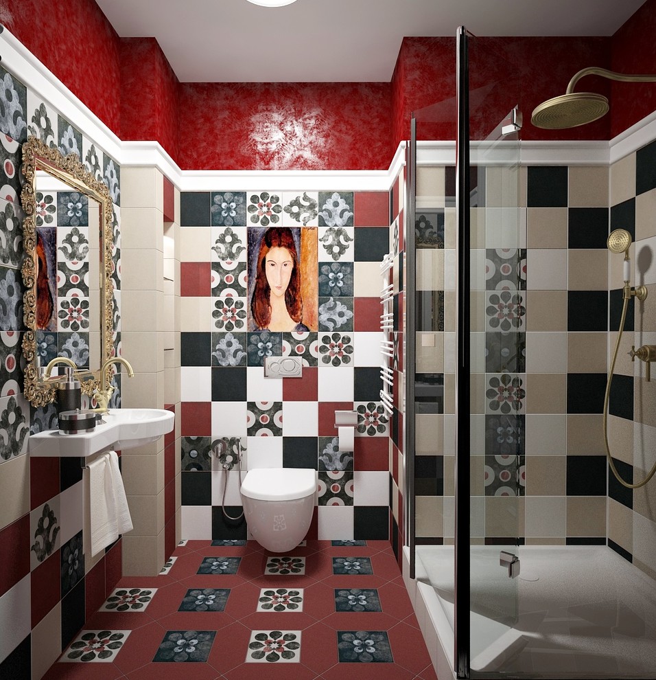 Stilmix Duschbad mit Eckdusche, Wandtoilette, farbigen Fliesen, bunten Wänden und Wandwaschbecken in Sonstige