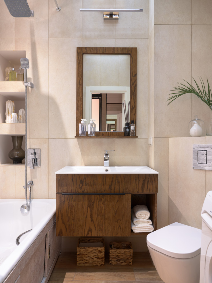Bathroom - mid-sized scandinavian master beige tile and ceramic tile ceramic tile, brown floor and single-sink bathroom idea in Moscow with flat-panel cabinets, medium tone wood cabinets, beige walls, white countertops and a floating vanity