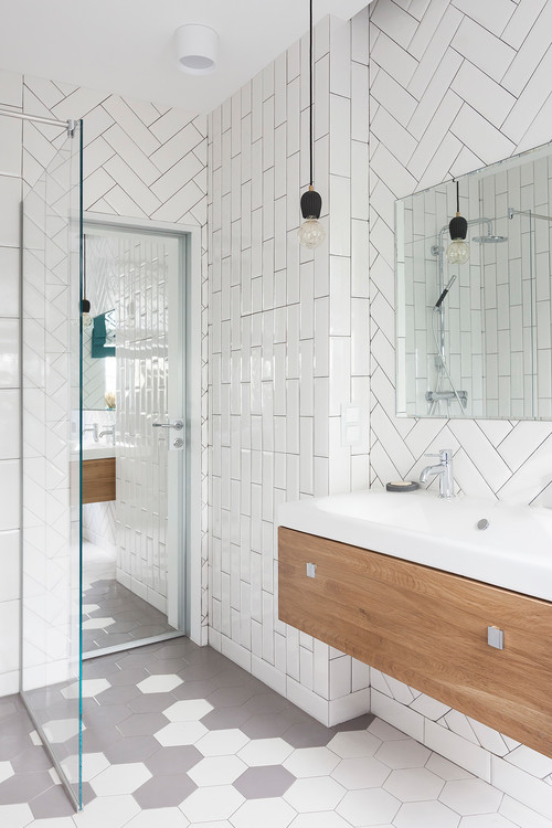 Scandinavian Design with White Tiles and Gray Grout