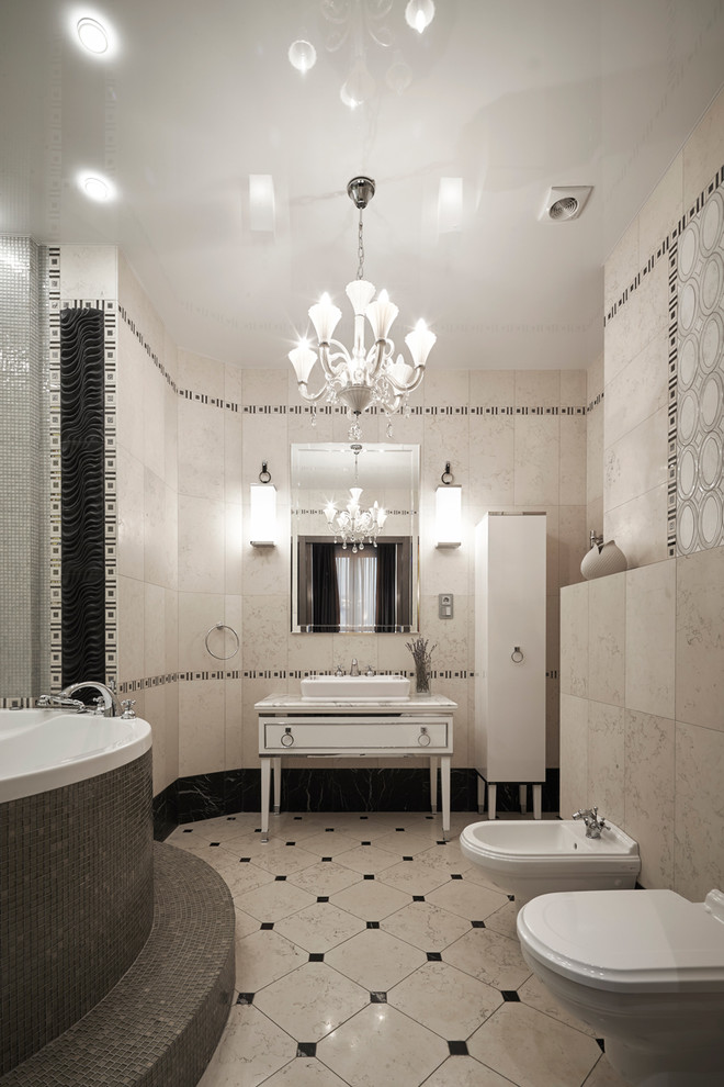 Идея дизайна: главная ванная комната в современном стиле с белыми фасадами, настольной раковиной, белой столешницей, гидромассажной ванной, биде, разноцветной плиткой, разноцветными стенами, разноцветным полом, зеркалом с подсветкой и фасадами с утопленной филенкой