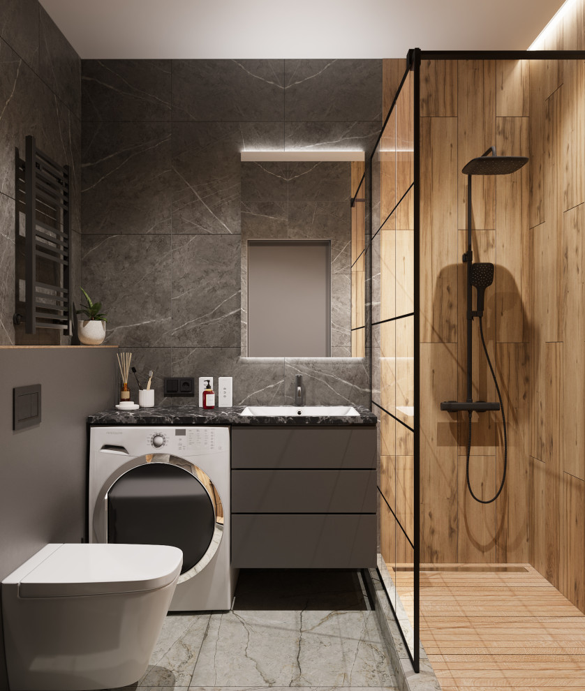 Inspiration för mellanstora moderna svart badrum med dusch, med släta luckor, grå skåp, en dusch i en alkov, en vägghängd toalettstol, grå kakel, porslinskakel, grå väggar, klinkergolv i porslin, ett undermonterad handfat, bänkskiva i akrylsten, grått golv och dusch med duschdraperi