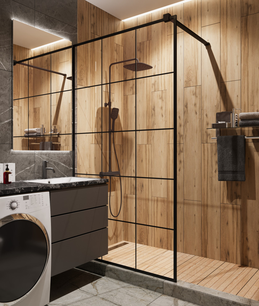 This is an example of a medium sized urban shower room bathroom in Other with flat-panel cabinets, grey cabinets, an alcove shower, a wall mounted toilet, grey tiles, porcelain tiles, grey walls, porcelain flooring, a submerged sink, solid surface worktops, grey floors, a shower curtain, black worktops, a laundry area, a single sink and a floating vanity unit.
