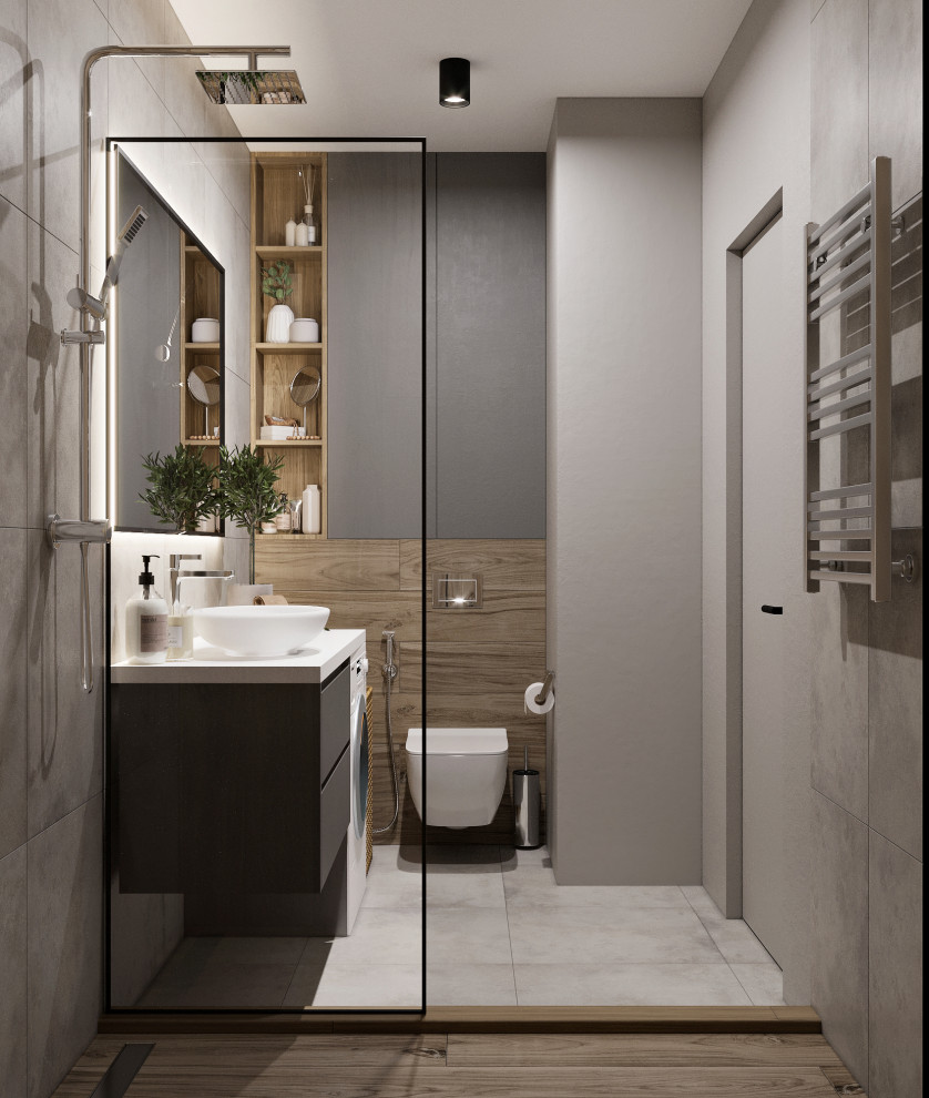 Пример оригинального дизайна: ванная комната среднего размера со стиральной машиной в современном стиле с душем в нише, инсталляцией, серой плиткой, шторкой для ванной, плоскими фасадами, серыми фасадами, керамогранитной плиткой, серыми стенами, полом из керамогранита, душевой кабиной, настольной раковиной, столешницей из искусственного камня, серым полом, белой столешницей, тумбой под одну раковину и подвесной тумбой