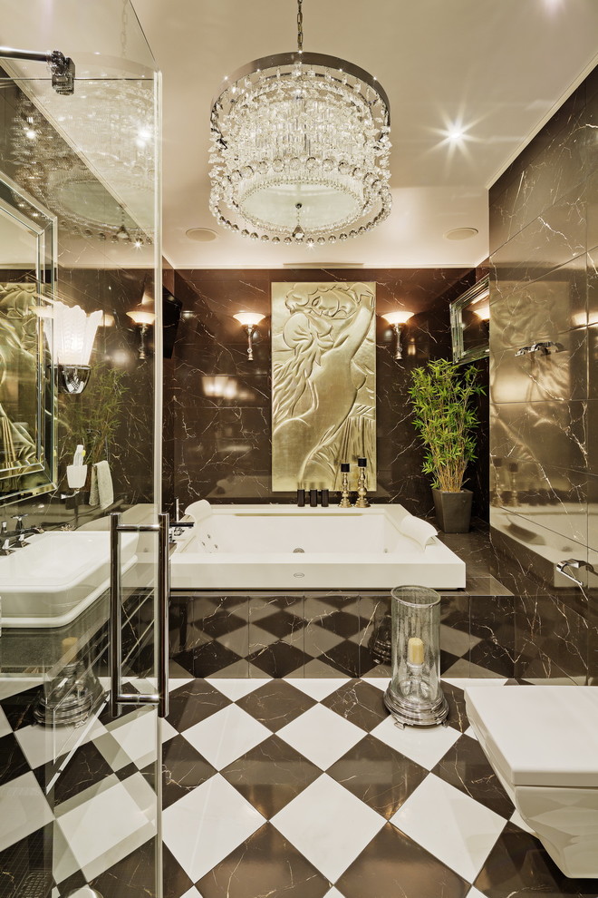 Imagen de cuarto de baño principal y azulejo de dos tonos actual con jacuzzi, ducha esquinera, sanitario de pared, baldosas y/o azulejos blancas y negros y lavabo sobreencimera