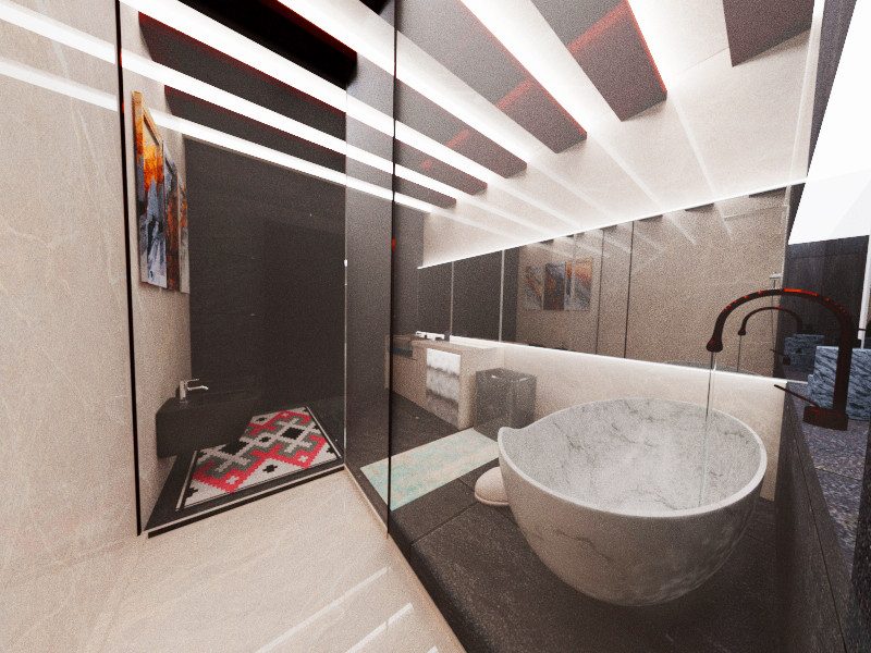 Réalisation d'une salle de bain principale design de taille moyenne avec des portes de placard beiges, une baignoire indépendante, un espace douche bain, un bidet, un carrelage beige, des carreaux de porcelaine, un mur beige, un sol en carrelage de céramique, une vasque, un plan de toilette en marbre, un sol noir, une cabine de douche à porte coulissante, un plan de toilette beige, une niche, meuble simple vasque, poutres apparentes et du lambris.