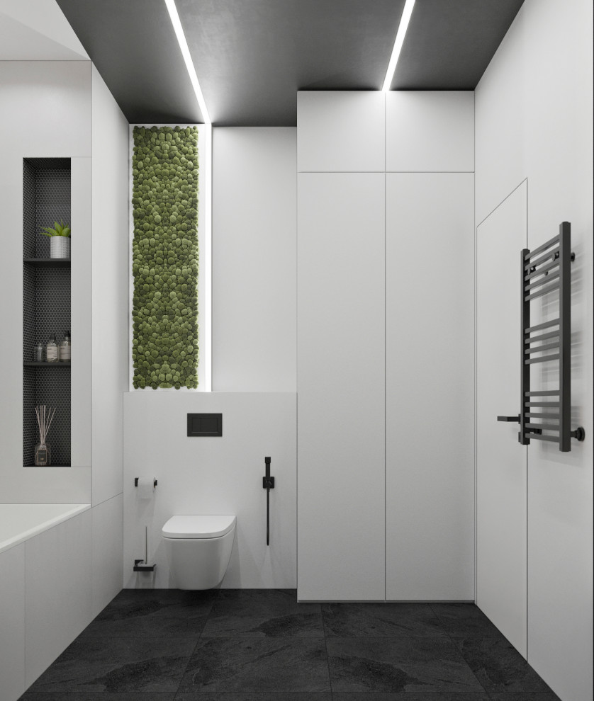 Idéer för ett mellanstort modernt vit en-suite badrum, med släta luckor, vita skåp, ett undermonterat badkar, en vägghängd toalettstol, vit kakel, porslinskakel, vita väggar, klinkergolv i porslin, ett fristående handfat, bänkskiva i akrylsten, svart golv, dusch med duschdraperi och en dusch/badkar-kombination