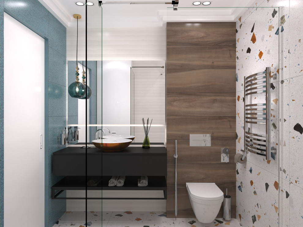 Идея дизайна: главная ванная комната в современном стиле с черными фасадами, душевой комнатой, инсталляцией, разноцветной плиткой, керамогранитной плиткой, полом из керамогранита, накладной раковиной, столешницей из нержавеющей стали, шторкой для ванной и черной столешницей