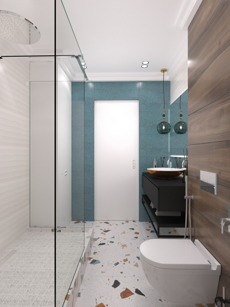 Inspiration för moderna svart en-suite badrum, med vita skåp, våtrum, en vägghängd toalettstol, flerfärgad kakel, klinkergolv i porslin, ett nedsänkt handfat, bänkskiva i rostfritt stål och dusch med duschdraperi