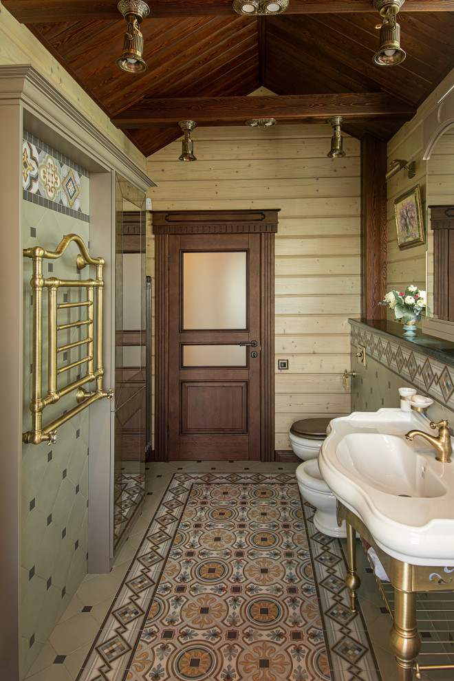 Inspiration pour une salle de bain chalet de taille moyenne avec un placard à porte plane et des portes de placards vertess.