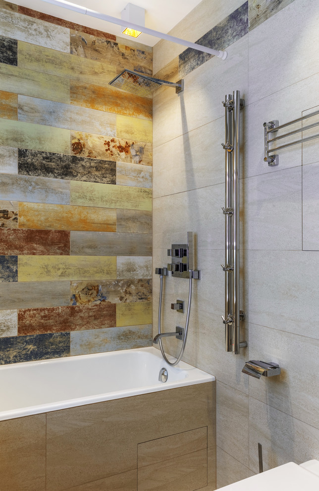 Mid-sized trendy 3/4 white tile and porcelain tile porcelain tile and brown floor bathroom photo in Moscow with flat-panel cabinets, white cabinets, a wall-mount toilet, multicolored walls and a drop-in sink