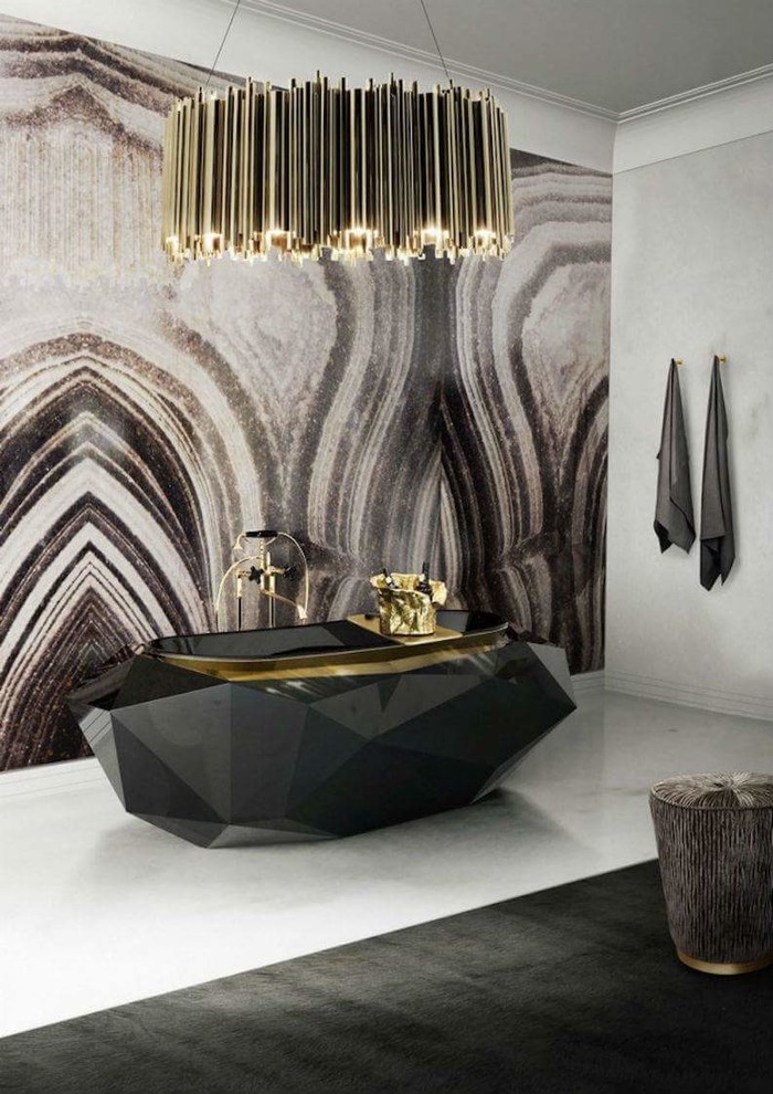 Example of a classic marble floor freestanding bathtub design in Moscow