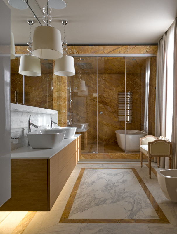 Inspiration pour une salle de bain design avec un espace douche bain et une vasque.