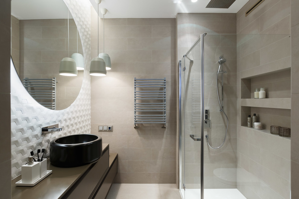 Bathroom - contemporary master brown tile and porcelain tile bathroom idea in Saint Petersburg