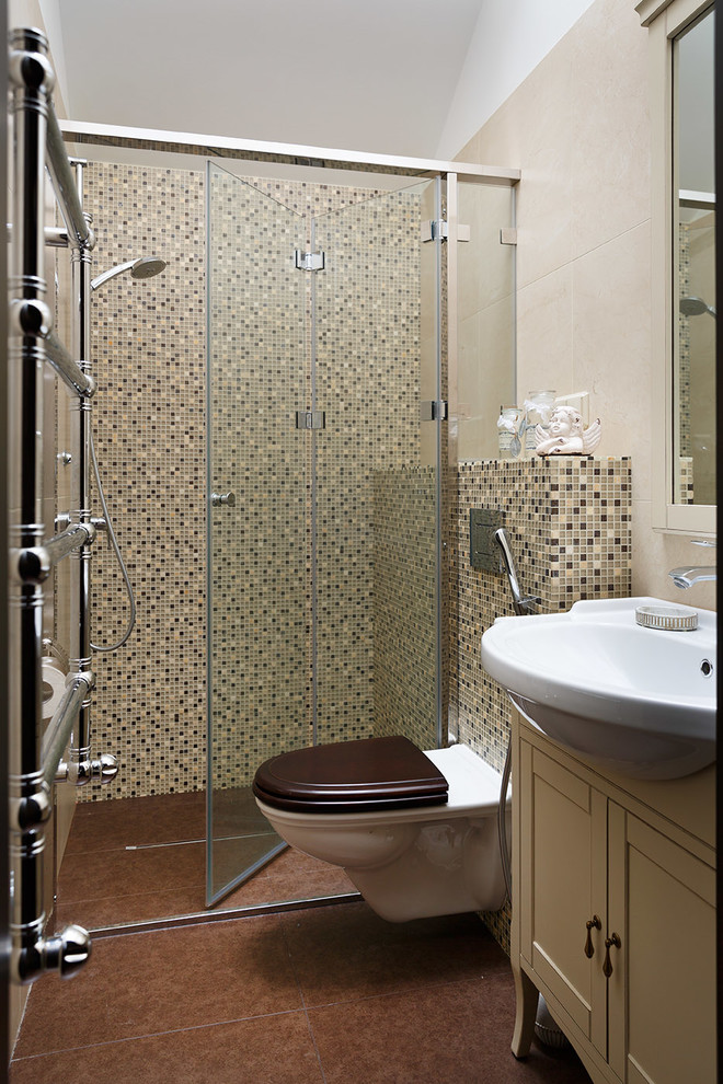 Стильный дизайн: ванная комната в современном стиле с душем в нише, инсталляцией и бежевой плиткой - последний тренд