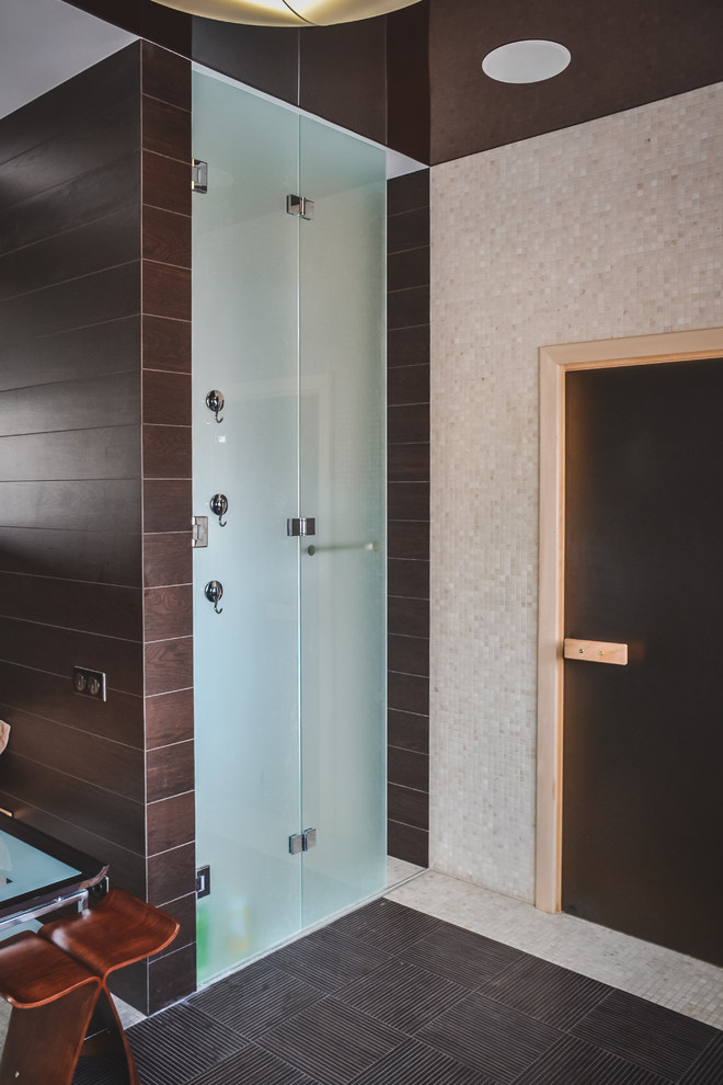 Large contemporary shower room bathroom in Other with a built-in shower, brown tiles, black walls, ceramic flooring, brown floors and a hinged door.