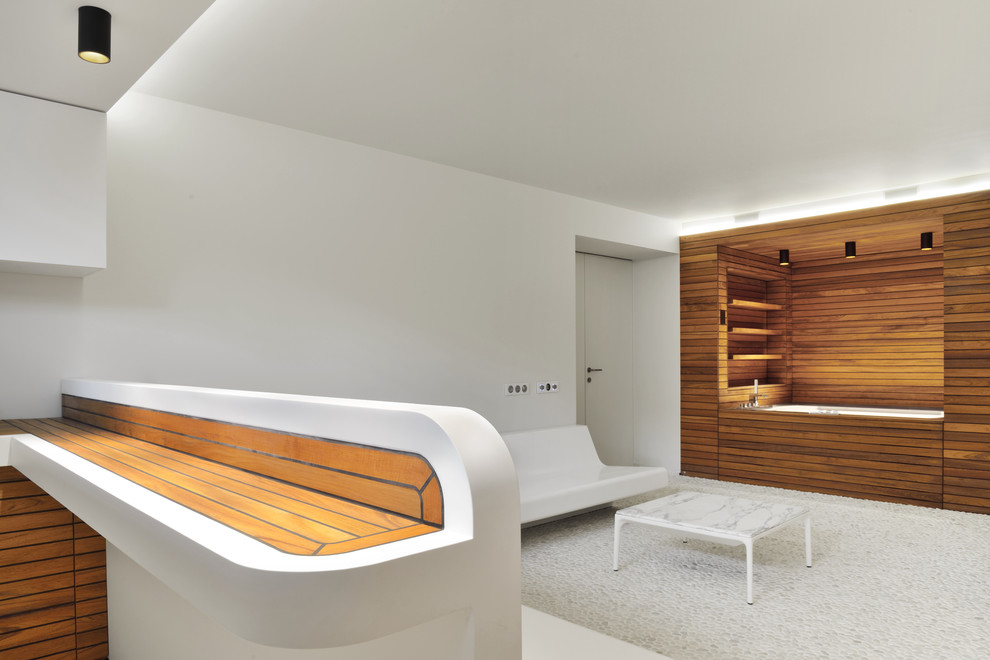 Идея дизайна: большая ванная комната в современном стиле с душевой кабиной