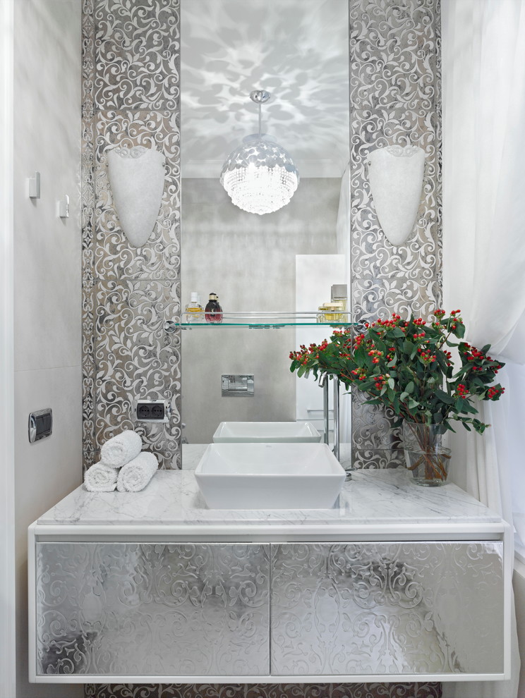 Example of a classic white tile and ceramic tile porcelain tile bathroom design in Moscow with white walls, a vessel sink and marble countertops