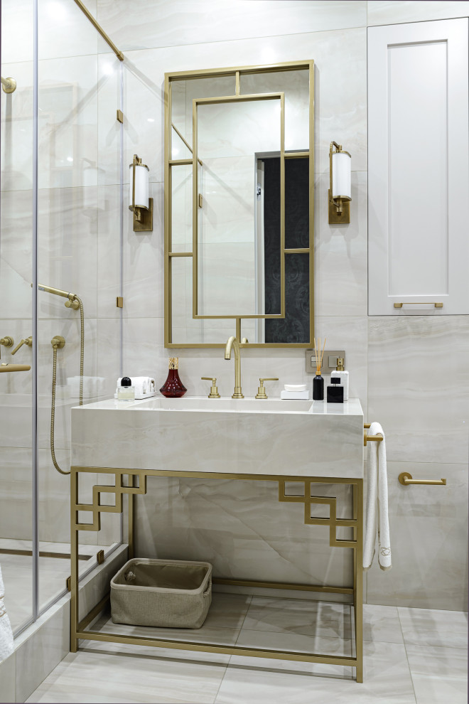 Свежая идея для дизайна: ванная комната в стиле неоклассика (современная классика) с серой плиткой, консольной раковиной, серым полом, тумбой под одну раковину и напольной тумбой - отличное фото интерьера