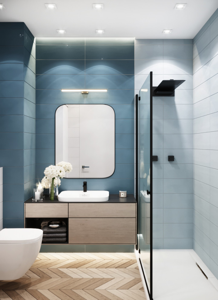 Свежая идея для дизайна: ванная комната в современном стиле с плоскими фасадами, душевой кабиной и подвесной тумбой - отличное фото интерьера