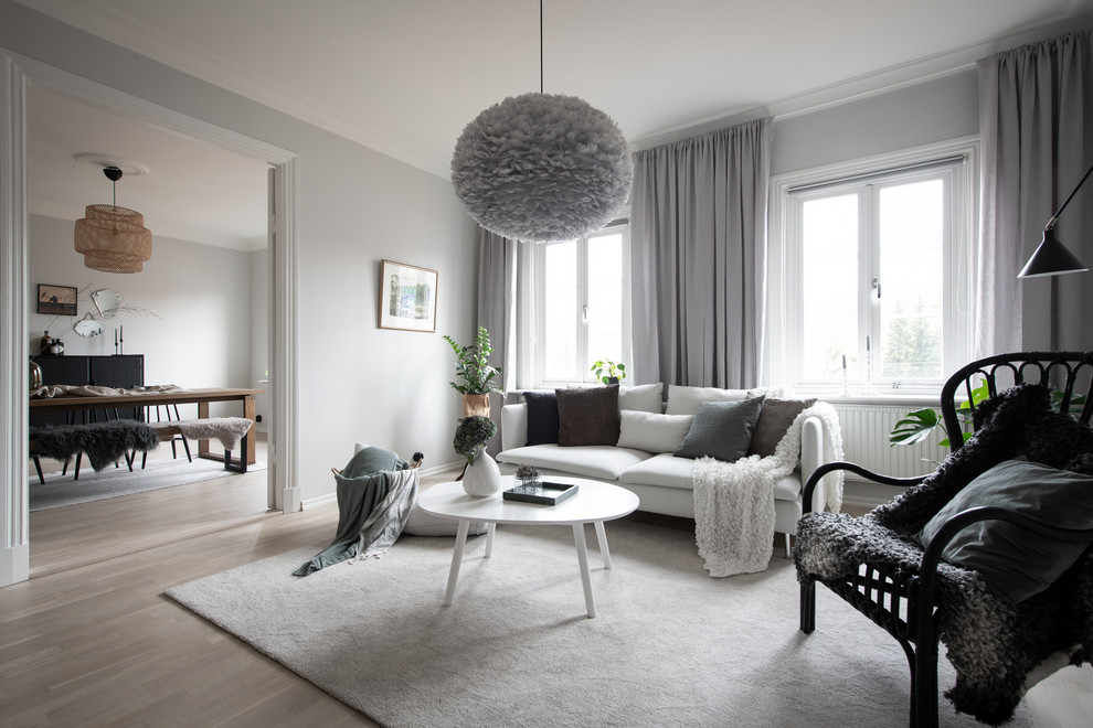 Scandinavian enclosed living room in Gothenburg with grey walls, light hardwood flooring and beige floors.