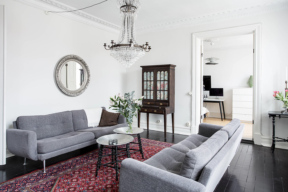 Large danish formal and open concept painted wood floor living room photo in Gothenburg with white walls, no fireplace and no tv