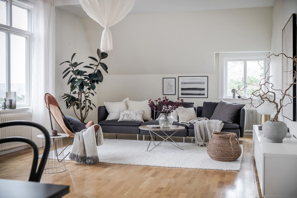 This is an example of a scandinavian living room in Gothenburg with white walls, medium hardwood flooring and brown floors.