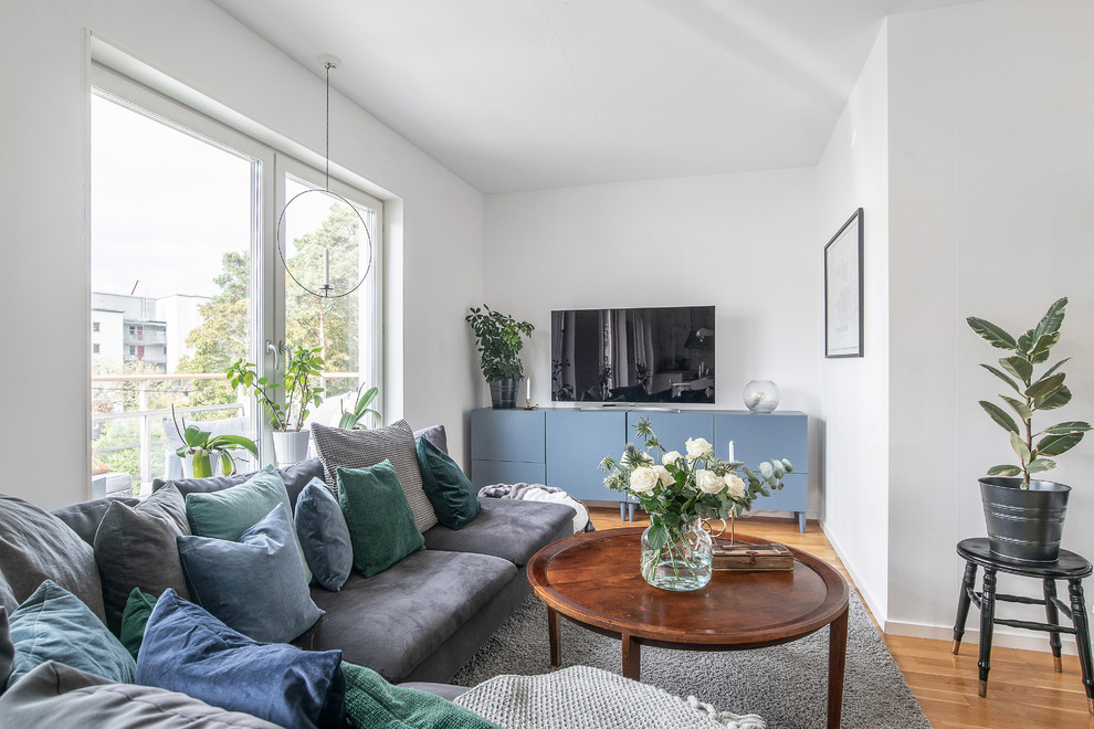 Стильный дизайн: маленькая гостиная комната в скандинавском стиле с белыми стенами, паркетным полом среднего тона, отдельно стоящим телевизором и коричневым полом для на участке и в саду - последний тренд