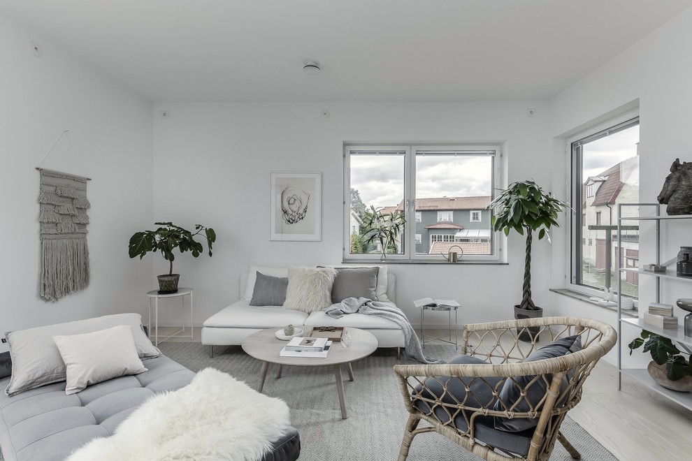 This is an example of a scandi grey and white living room in Stockholm with white walls, light hardwood flooring and beige floors.