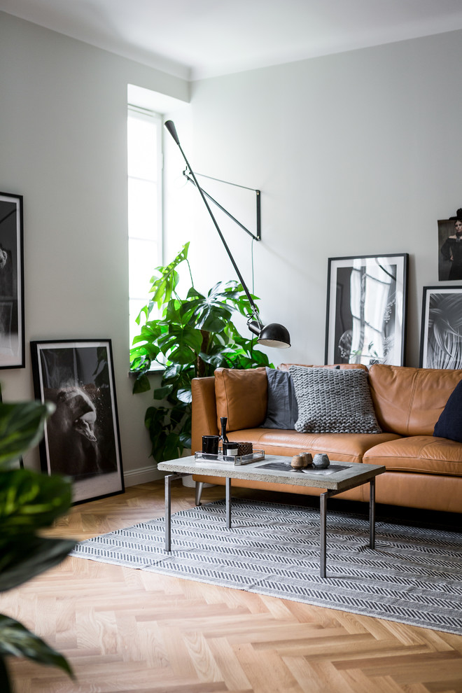 Стильный дизайн: гостиная комната среднего размера в скандинавском стиле с серыми стенами и коричневым диваном - последний тренд