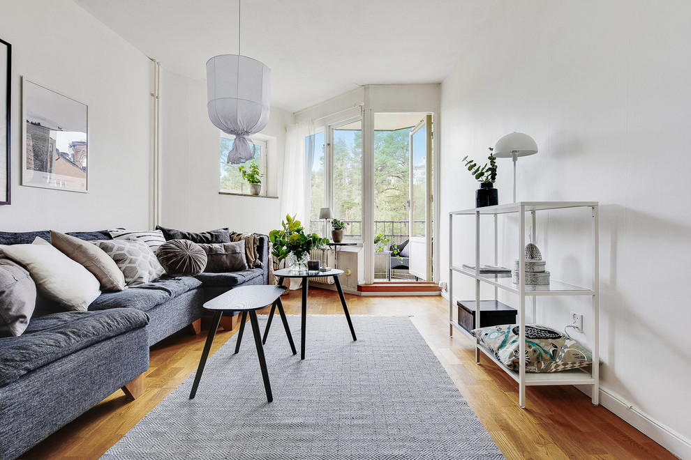 Ejemplo de salón abierto escandinavo con paredes blancas, suelo de madera en tonos medios y suelo marrón
