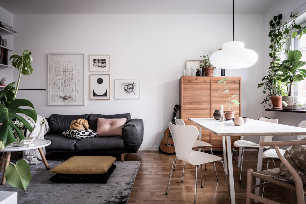 Idee per un piccolo soggiorno nordico chiuso con pareti bianche, pavimento in legno massello medio e pavimento marrone
