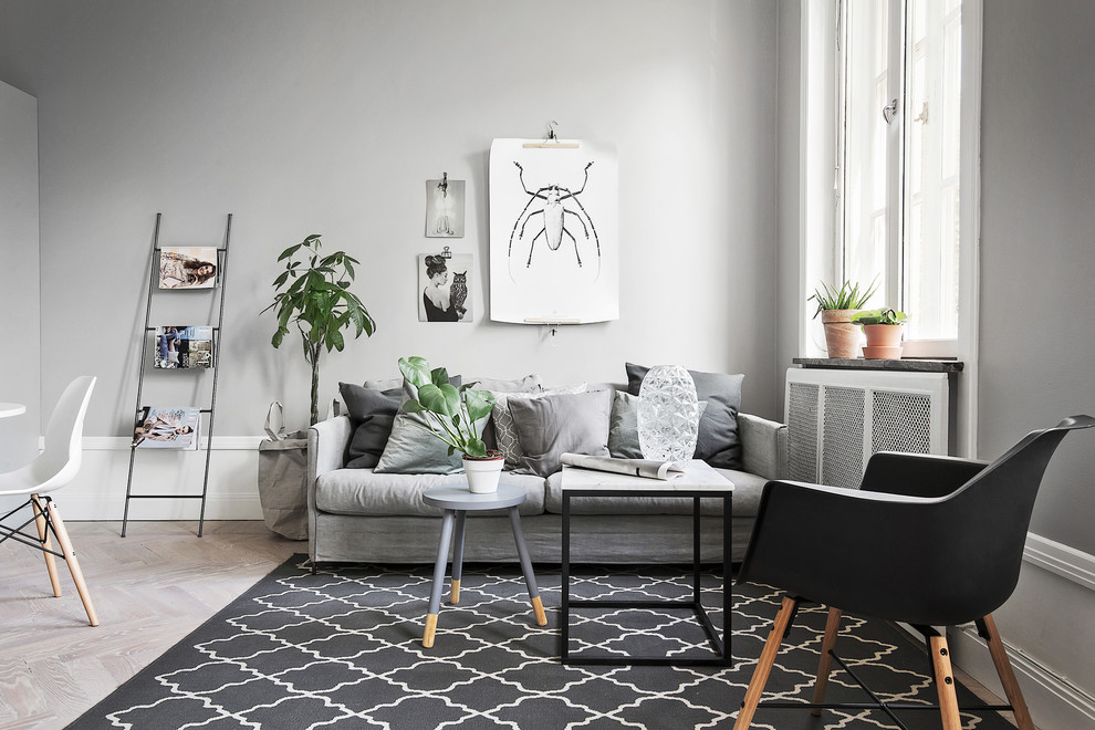 Bild på ett mellanstort minimalistiskt vardagsrum, med ett finrum, grå väggar och ljust trägolv