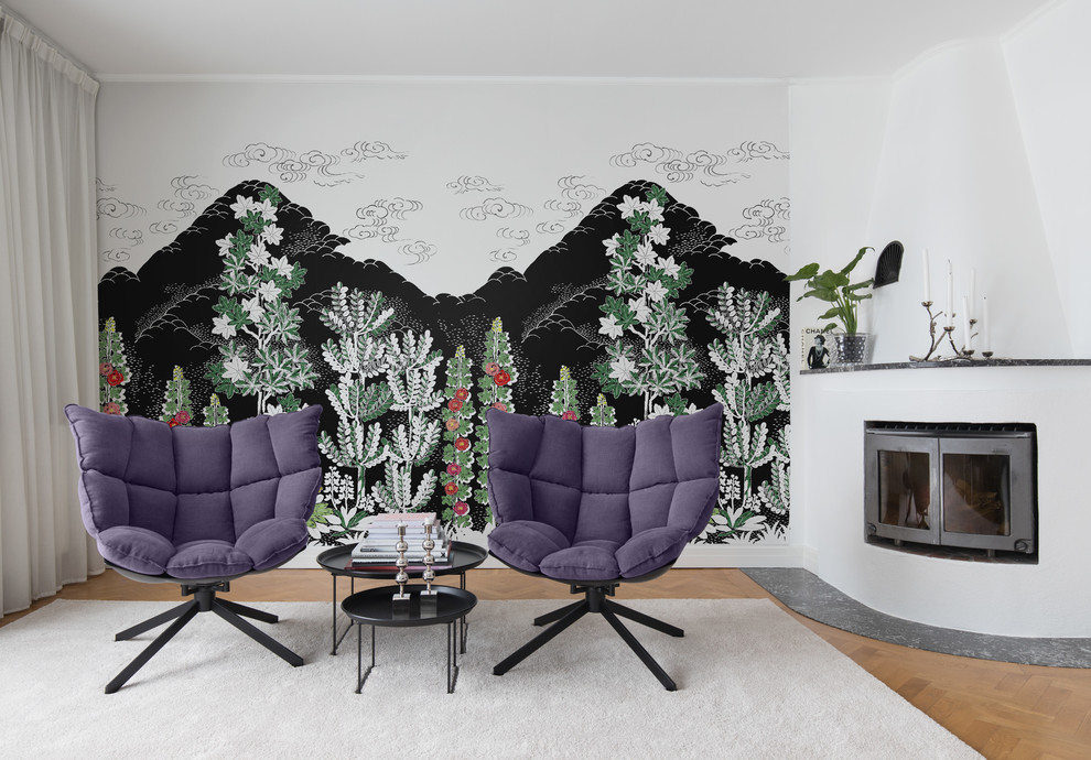 Eklektisches Wohnzimmer mit weißer Wandfarbe in Göteborg