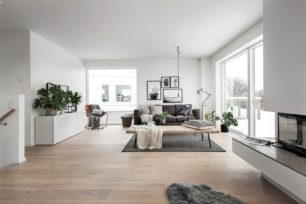 Large scandinavian open plan living room in Stockholm with white walls, light hardwood flooring, no fireplace, no tv and feature lighting.