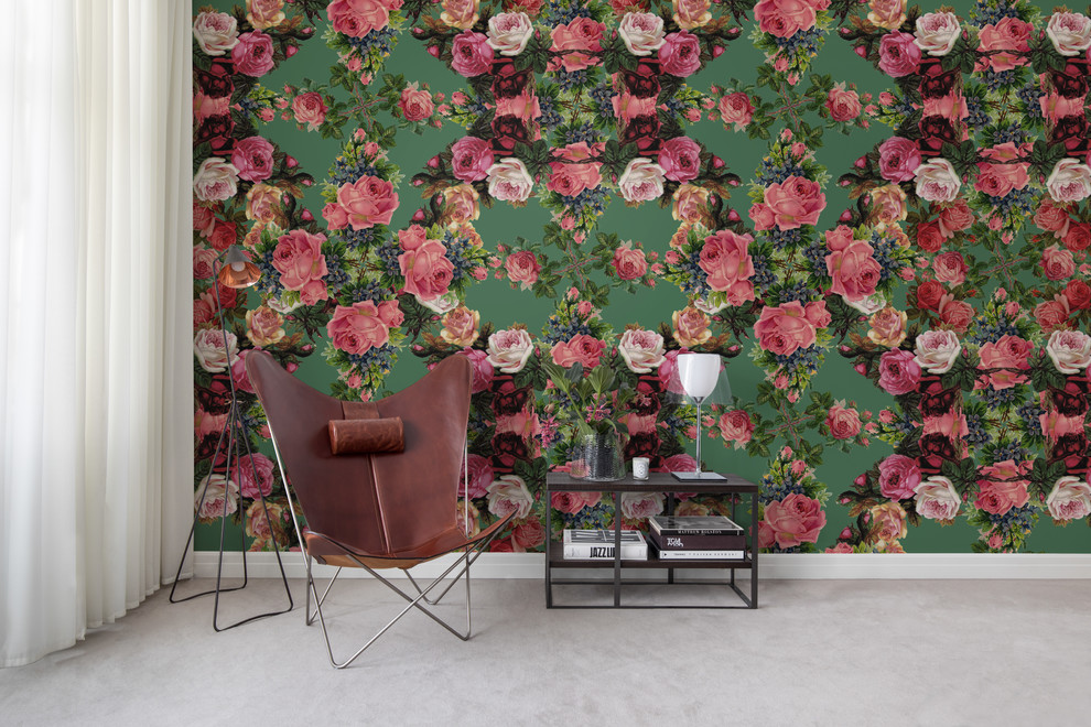 Свежая идея для дизайна: гостиная комната в стиле фьюжн с зелеными стенами - отличное фото интерьера