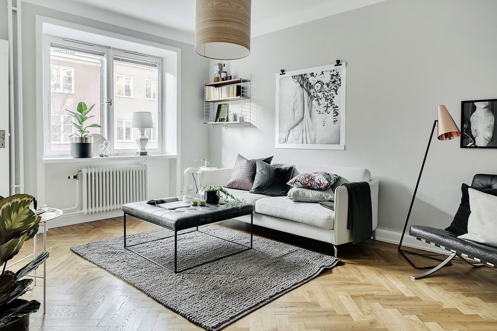 Inredning av ett skandinaviskt litet separat vardagsrum, med grå väggar, beiget golv och ljust trägolv