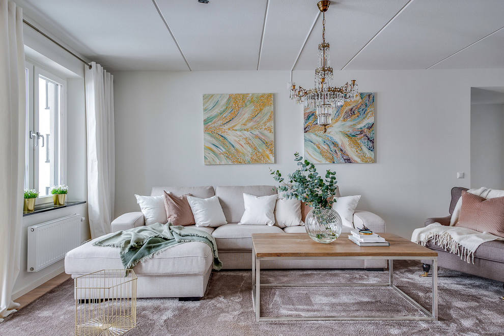 Inredning av ett minimalistiskt mellanstort vardagsrum, med ett finrum och vita väggar