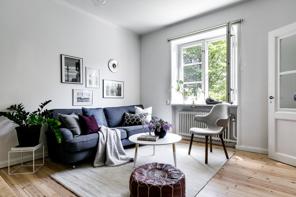 Пример оригинального дизайна: маленькая гостиная комната в скандинавском стиле с светлым паркетным полом, серыми стенами, бежевым полом и синим диваном для на участке и в саду