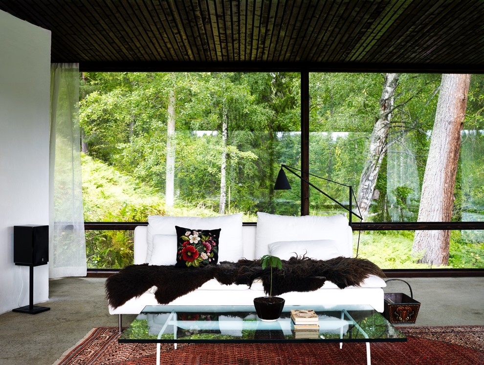 Свежая идея для дизайна: гостиная комната в скандинавском стиле с бетонным полом и серым полом - отличное фото интерьера