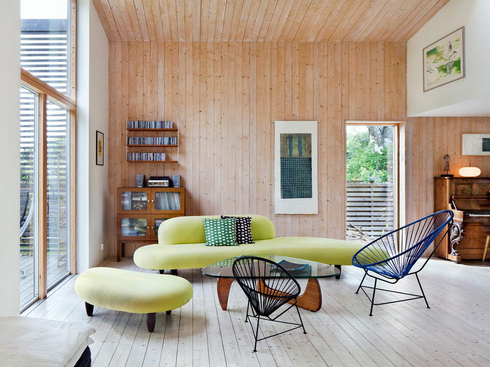 Medium sized scandinavian formal open plan living room in Gothenburg with light hardwood flooring, no fireplace, no tv and beige walls.