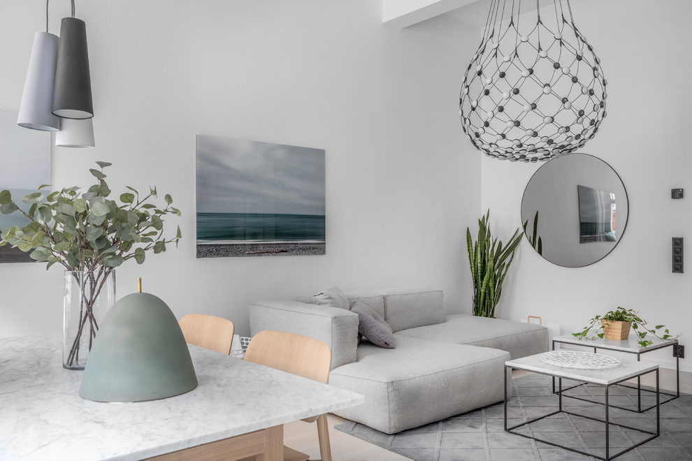 Idéer för minimalistiska vardagsrum, med vita väggar