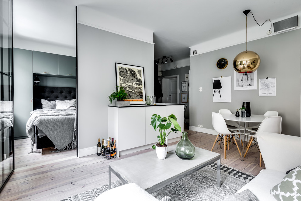 Idéer för ett minimalistiskt vardagsrum, med grå väggar och ljust trägolv