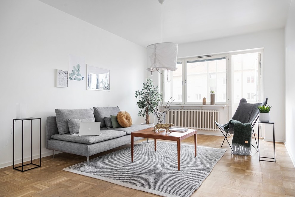 Источник вдохновения для домашнего уюта: гостиная комната в скандинавском стиле с белыми стенами, паркетным полом среднего тона и коричневым полом