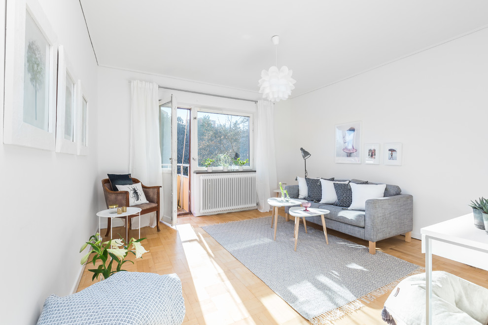 Medium sized scandi formal enclosed living room in Stockholm with white walls, medium hardwood flooring, no fireplace and no tv.