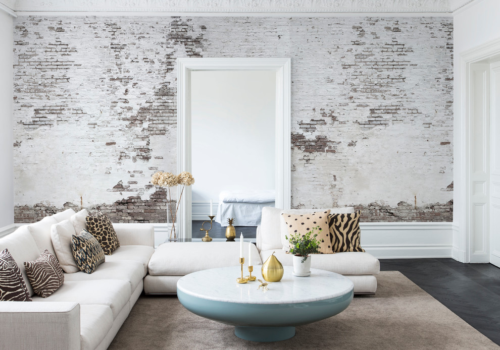 Example of a mid-sized urban open concept dark wood floor living room design in Gothenburg with white walls and no tv
