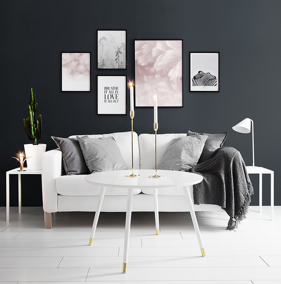 Danish formal and open concept painted wood floor living room photo in Other with black walls, no fireplace and no tv
